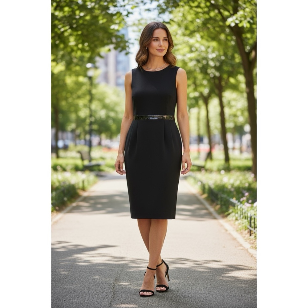 DOLCE & GABBANA Wool Blend Silk Lined Patent Leather Trim Sheath Dress